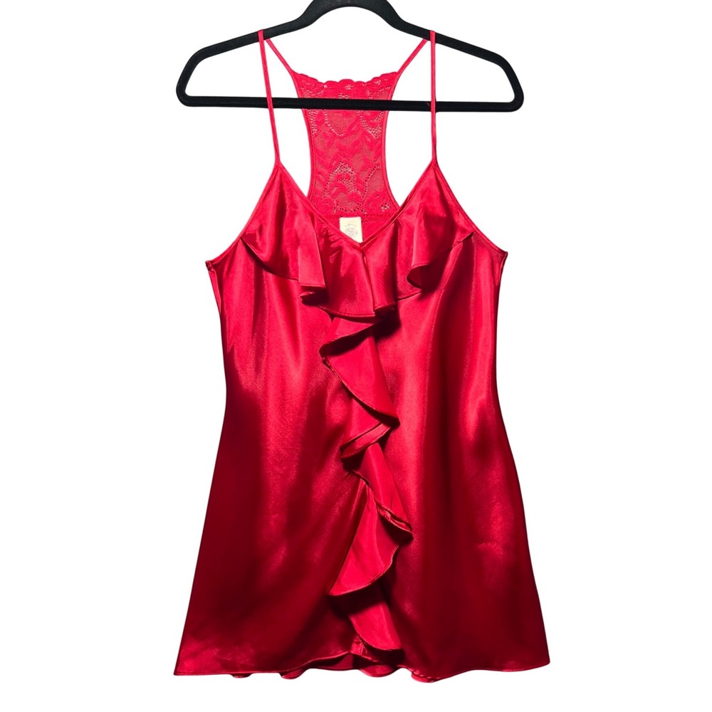 In Bloom Red Satin Ruffle Front Lace Racerback Chemise Nightgown‎ M